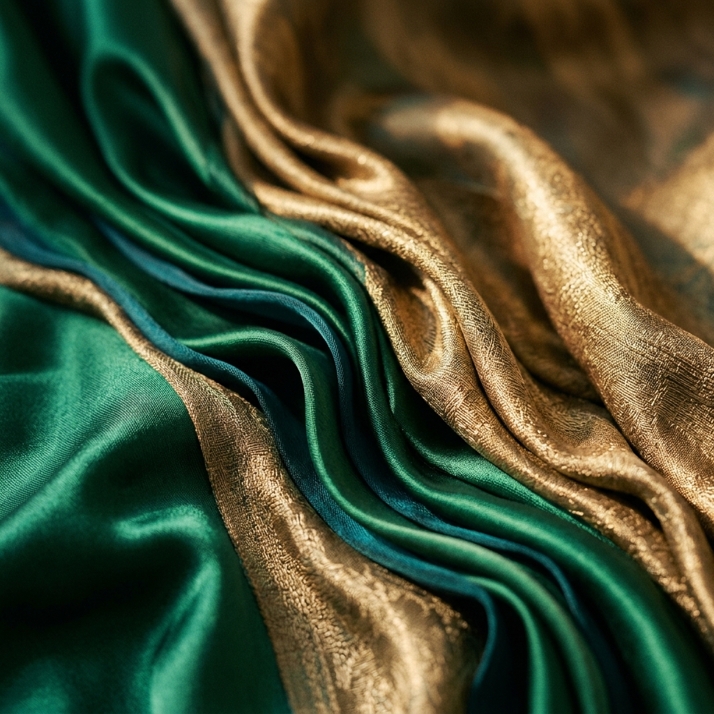 Draped emerald and gold silk in motion
